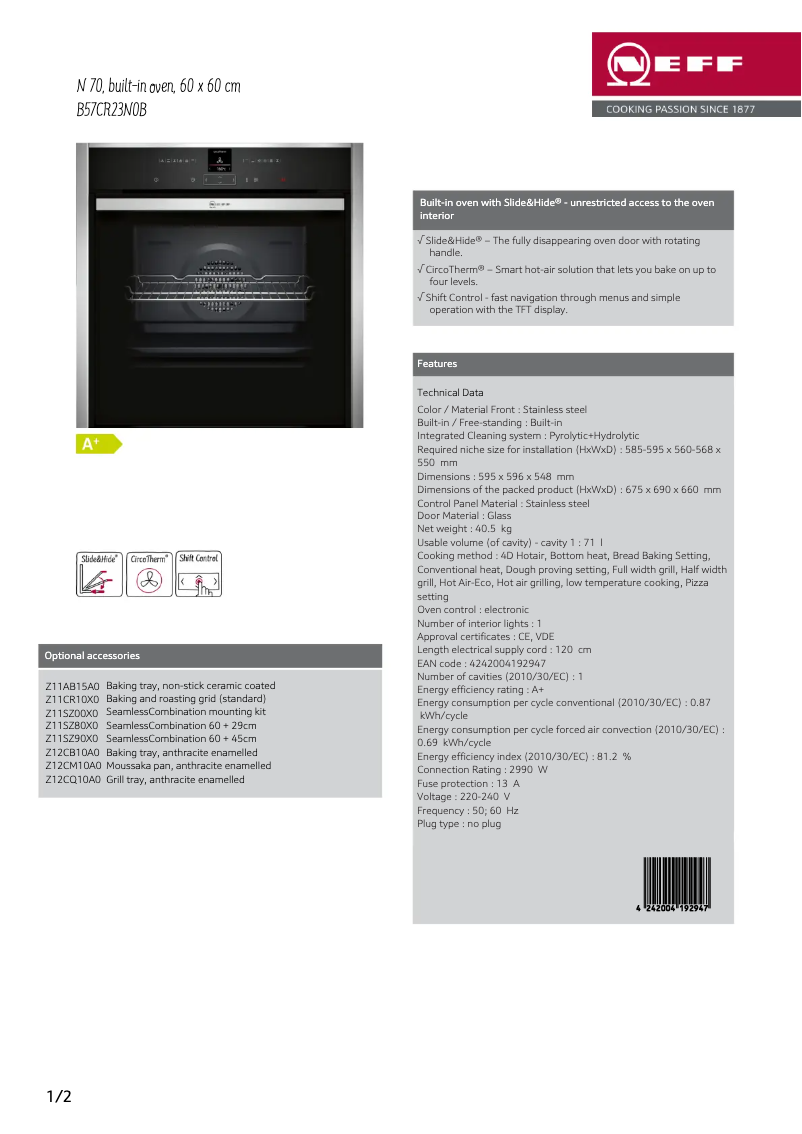 Page 1 of the manual Technical Sheet Neff B57CR23N0B
