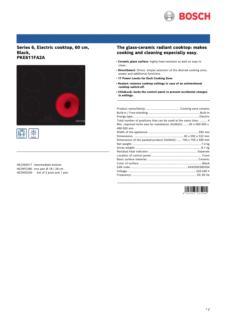 Page n°1 - Fiche technique Bosch PKE611FA2A