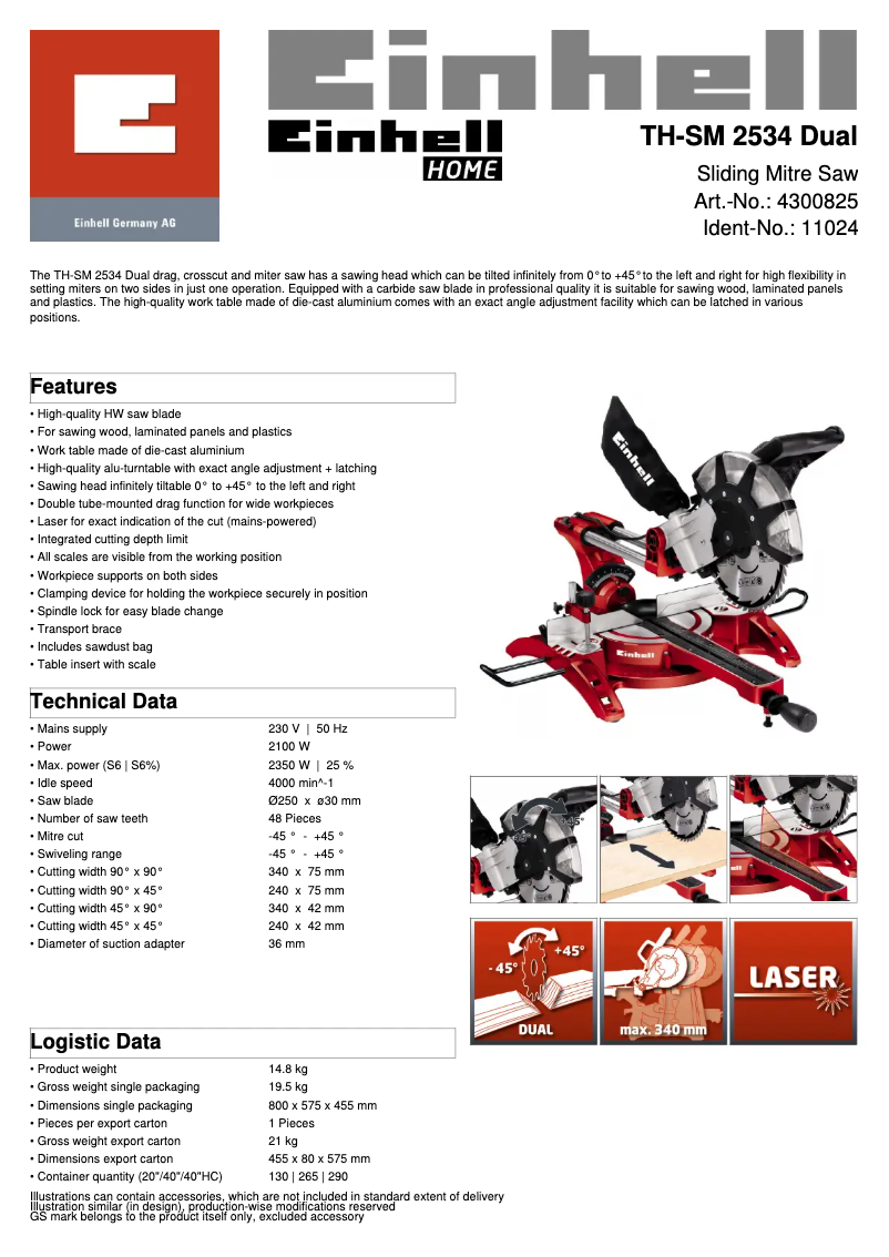 Page n°1 - Fiche technique Einhell TH-SM 2534 Dual