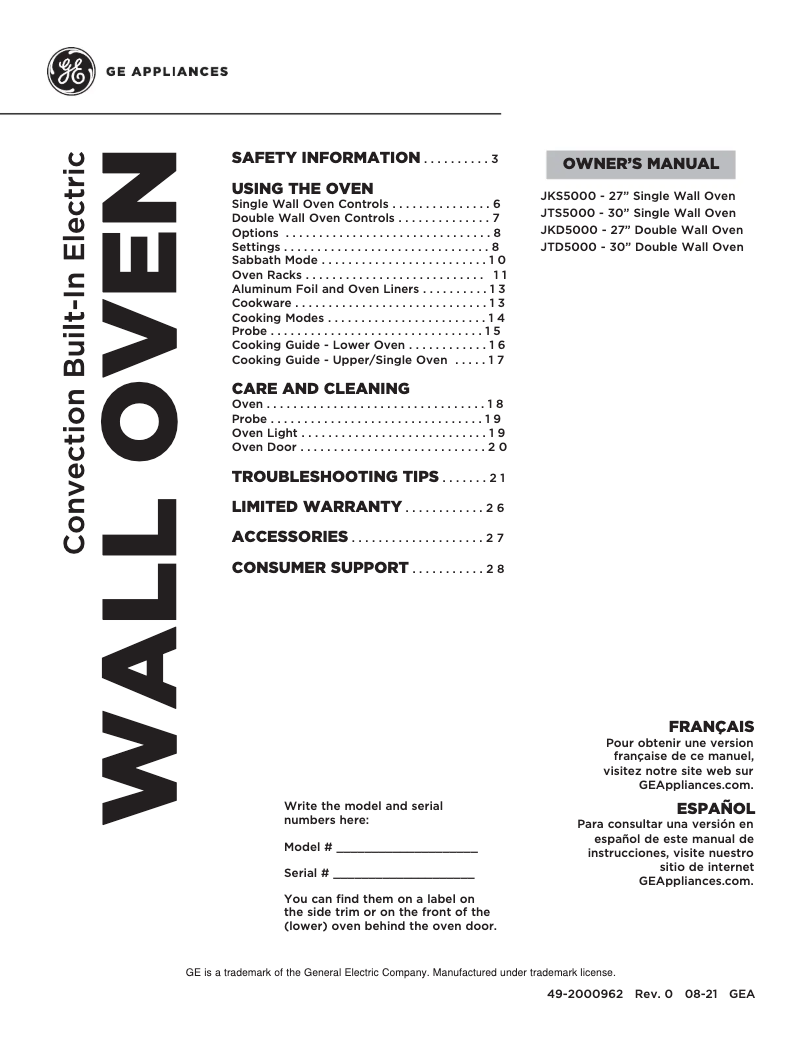 Page 1 de la notice Manuel d'utilisation et d'entretien GE JTD5000FNDS