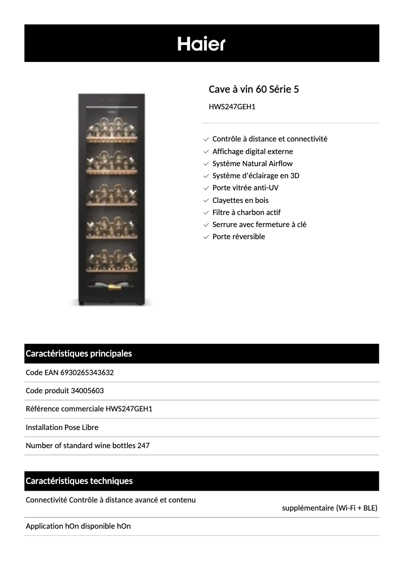 Page 1 of the manual Technical Sheet Haier HWS247GEH1