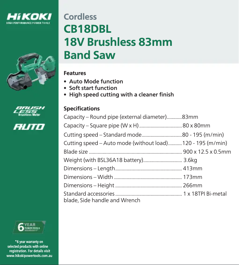 Page 1 de la notice Fiche technique HiKOKI CB18DBL