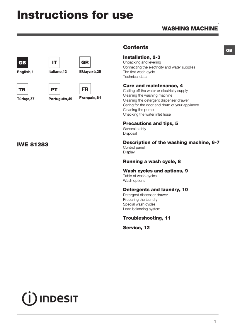 Page 1 de la notice Manuel utilisateur Indesit IWE 81283 SL CECO EU