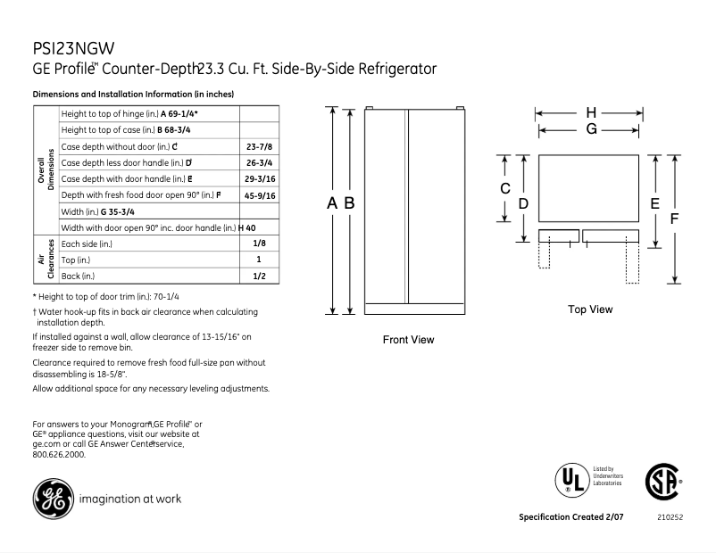 Page 1 de la notice Fiche technique GE Profile PSI23NGWWV