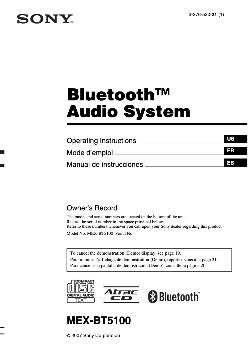 Page 1 de la notice Manuel utilisateur Sony MEX-BT5100
