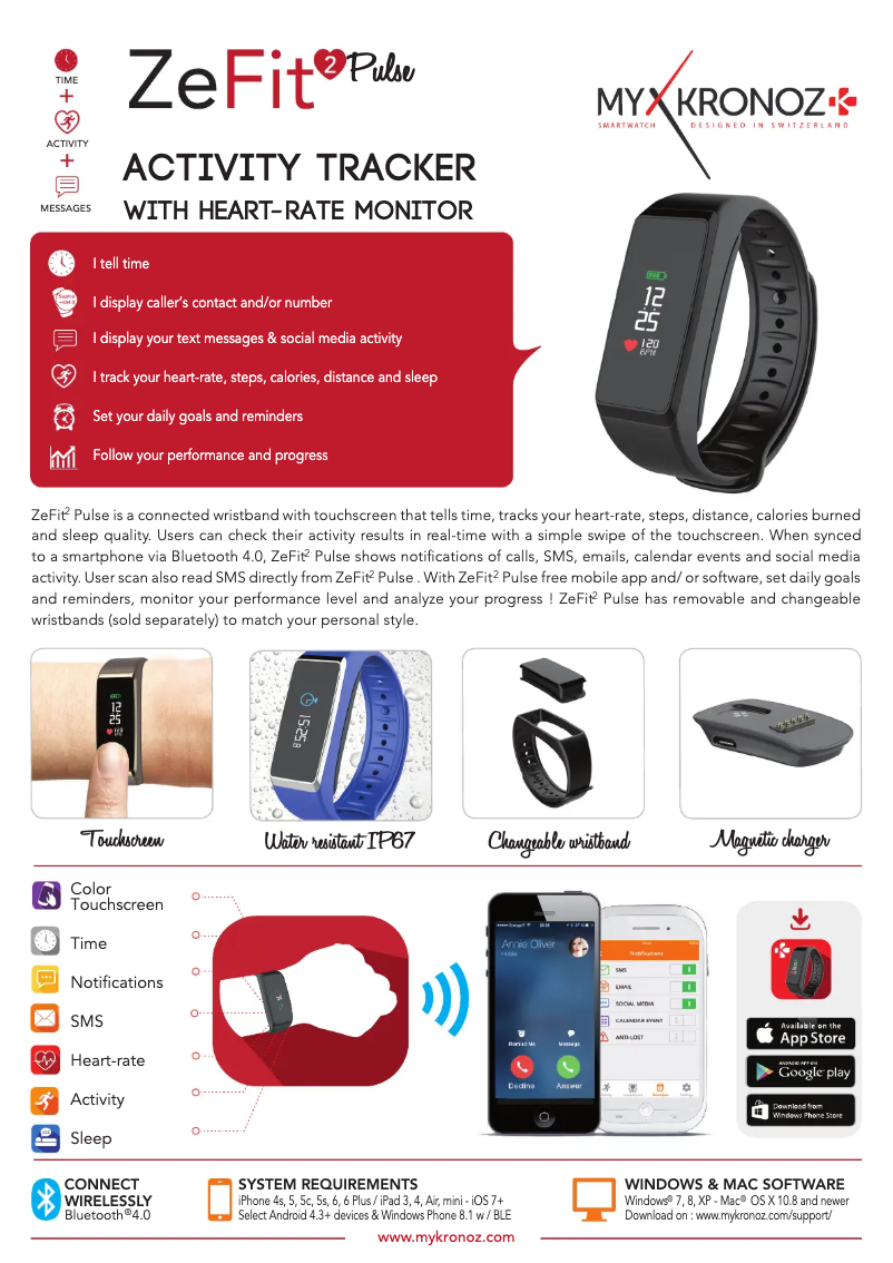 Page 1 de la notice Fiche technique MyKronoz ZeFit 2 Pulse