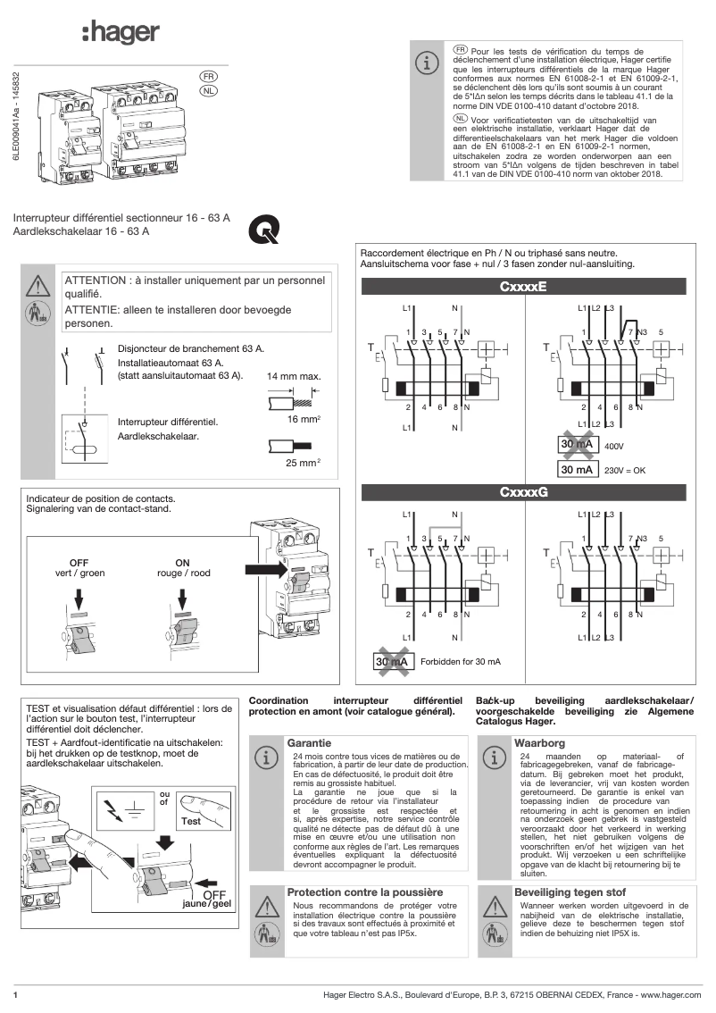 Page n°1 - Guide d'installation Hager CDA540G