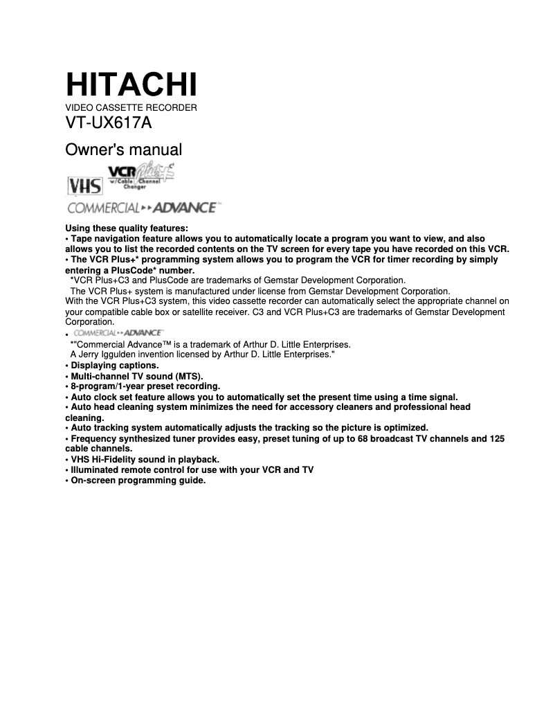 Page 1 de la notice Manuel utilisateur Hitachi VT-UX617A