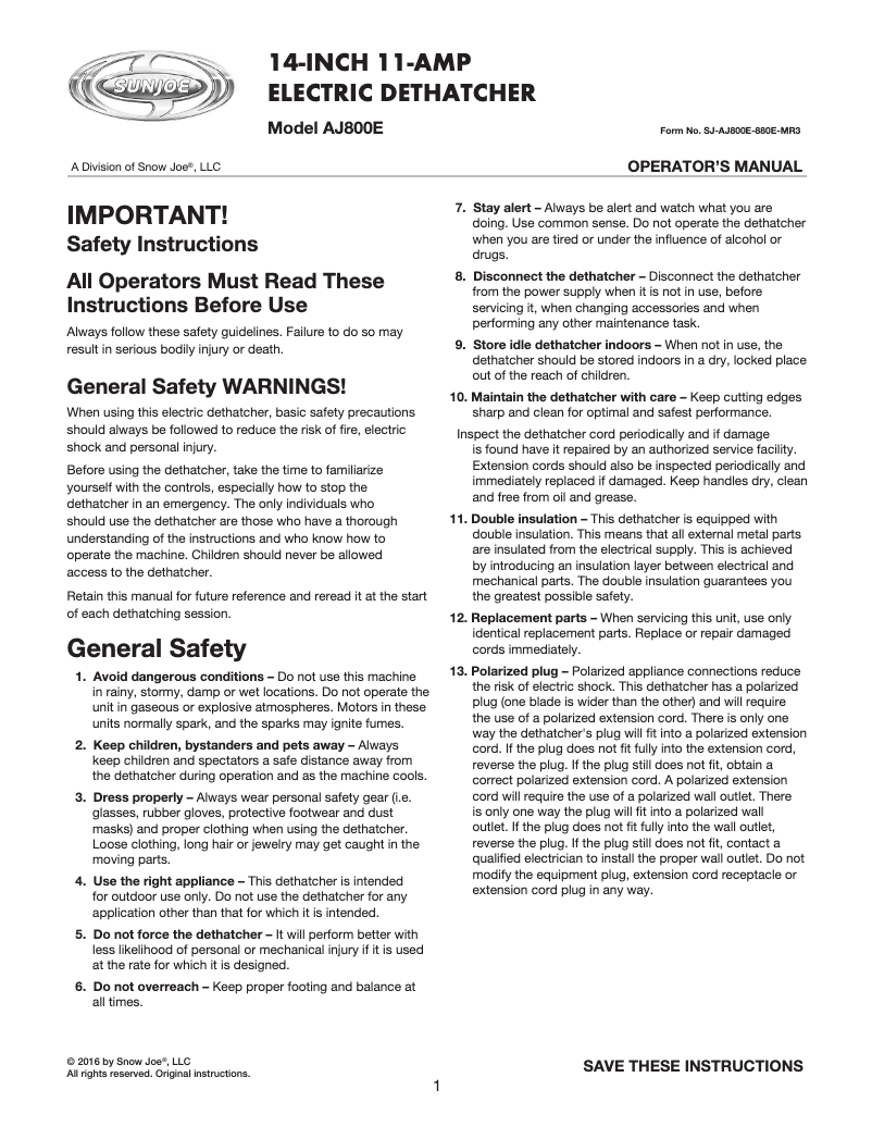Page n°1 - Manuel utilisateur Sun Joe AJ800E