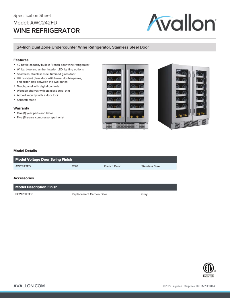 Page 1 de la notice Fiche technique Avallon AWC242FD