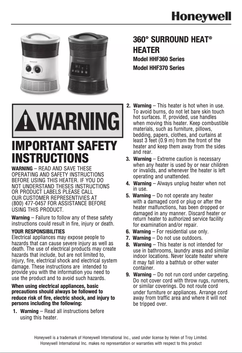 Page 1 de la notice Manuel utilisateur Honeywell 360° Surround Heater HHF370B