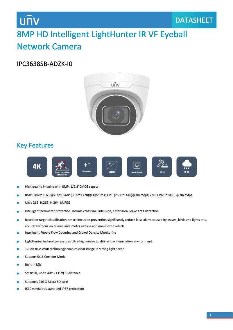 Page n°1 - Fiche technique UniView IPC3638SB-ADZK-I0