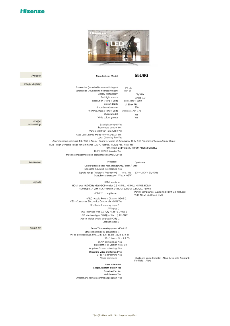 Page 1 de la notice Fiche technique Hisense 55U8G