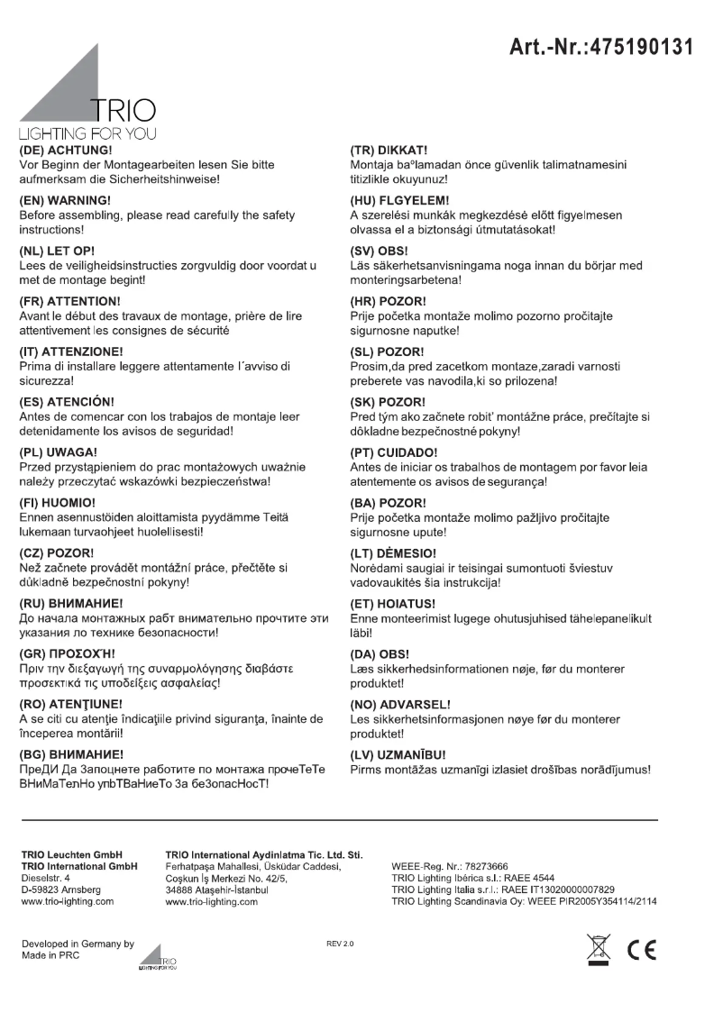 Page 1 de la notice Manuel utilisateur Trio Lighting Tento 475190131