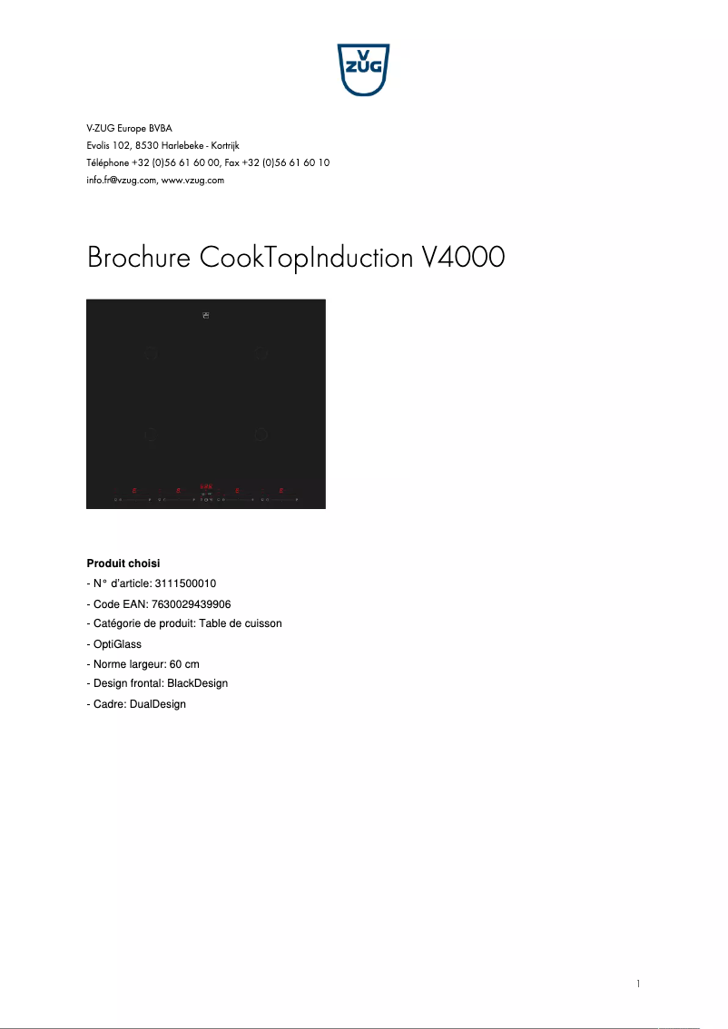 Page 1 de la notice Brochure V-Zug CookTopInduction V4000