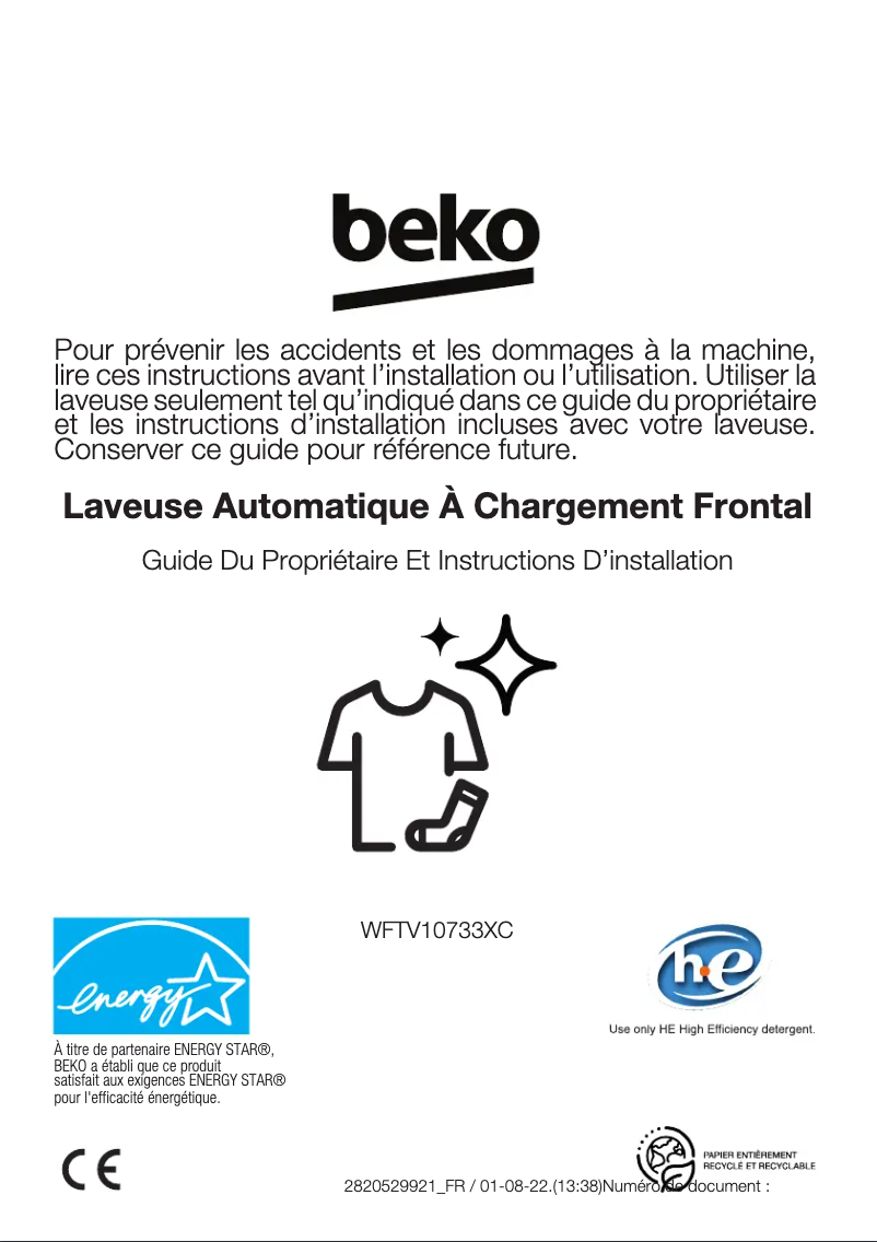 Page 1 de la notice Manuel utilisateur Beko WFTV10733XC