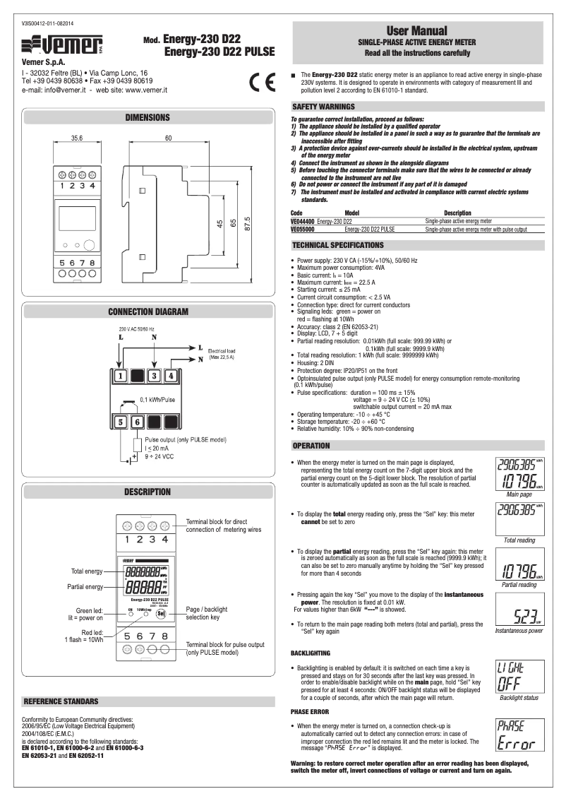 Page 1 de la notice Manuel utilisateur Vemer Energy-230 D22