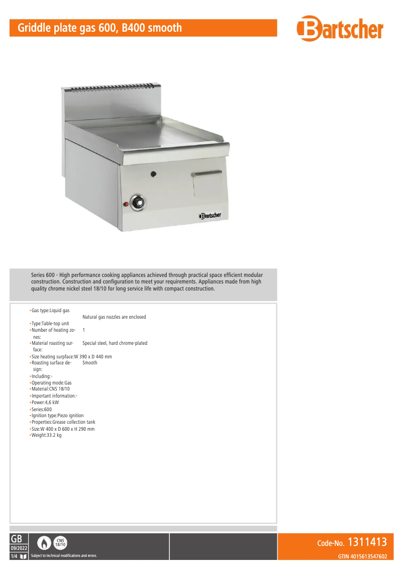 Page n°1 - Fiche technique Bartscher 1311413