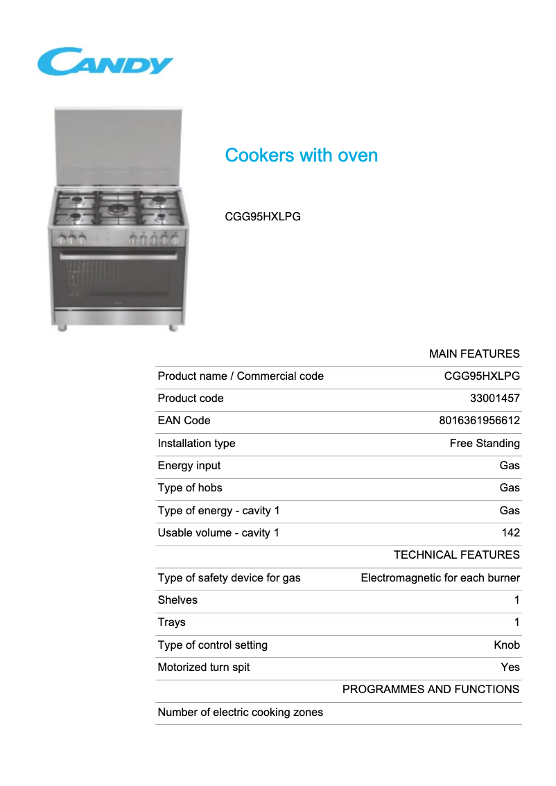 Page 1 de la notice Fiche technique Candy CGG95HXLPG