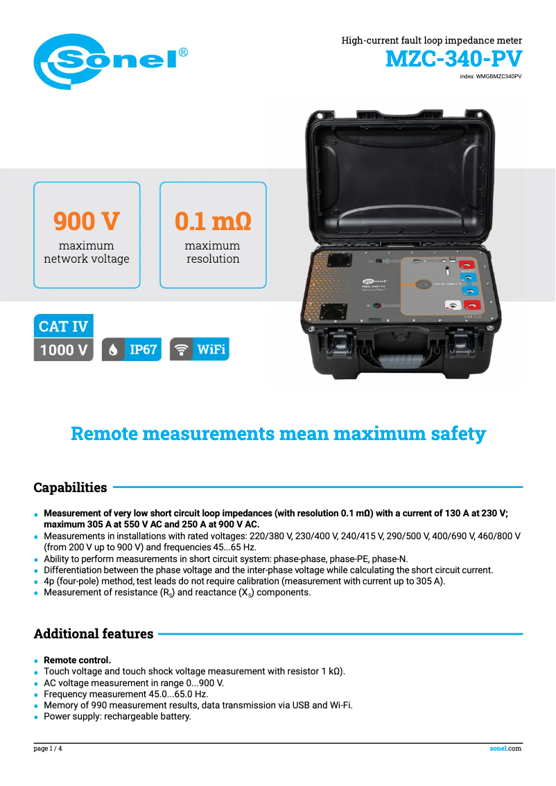 Page 1 de la notice Fiche technique Sonel MZC-340-PV