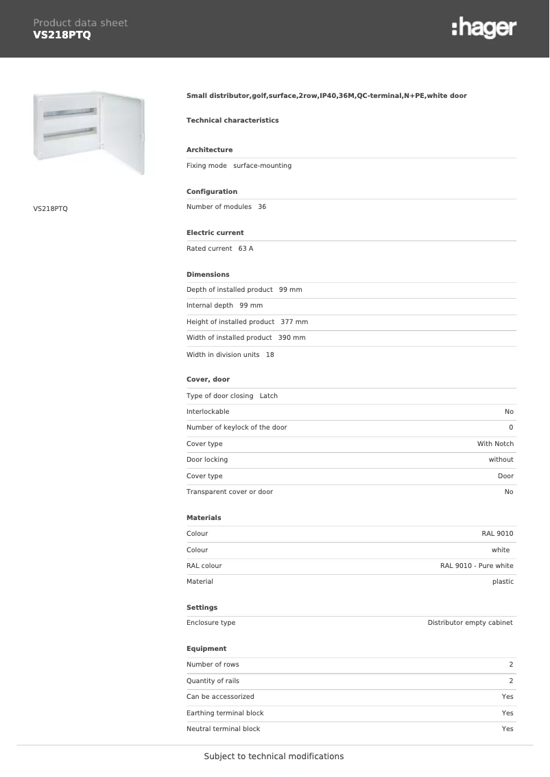 Page n°1 - Fiche technique Hager VS218PTQ