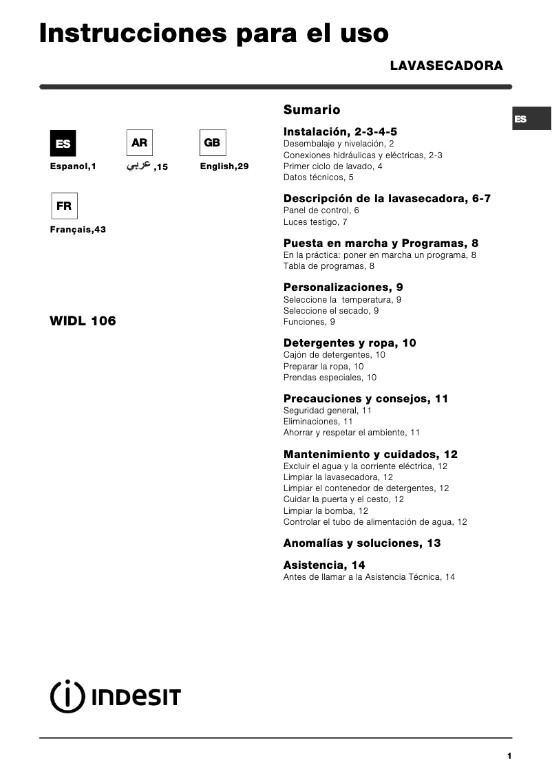 Page 1 de la notice Manuel utilisateur Indesit WIDL 106 (EX)