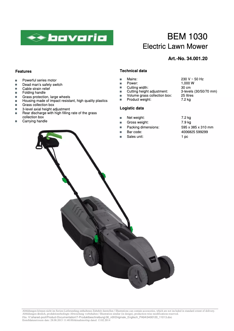 Page 1 de la notice Fiche technique Bavaria BEM 1030