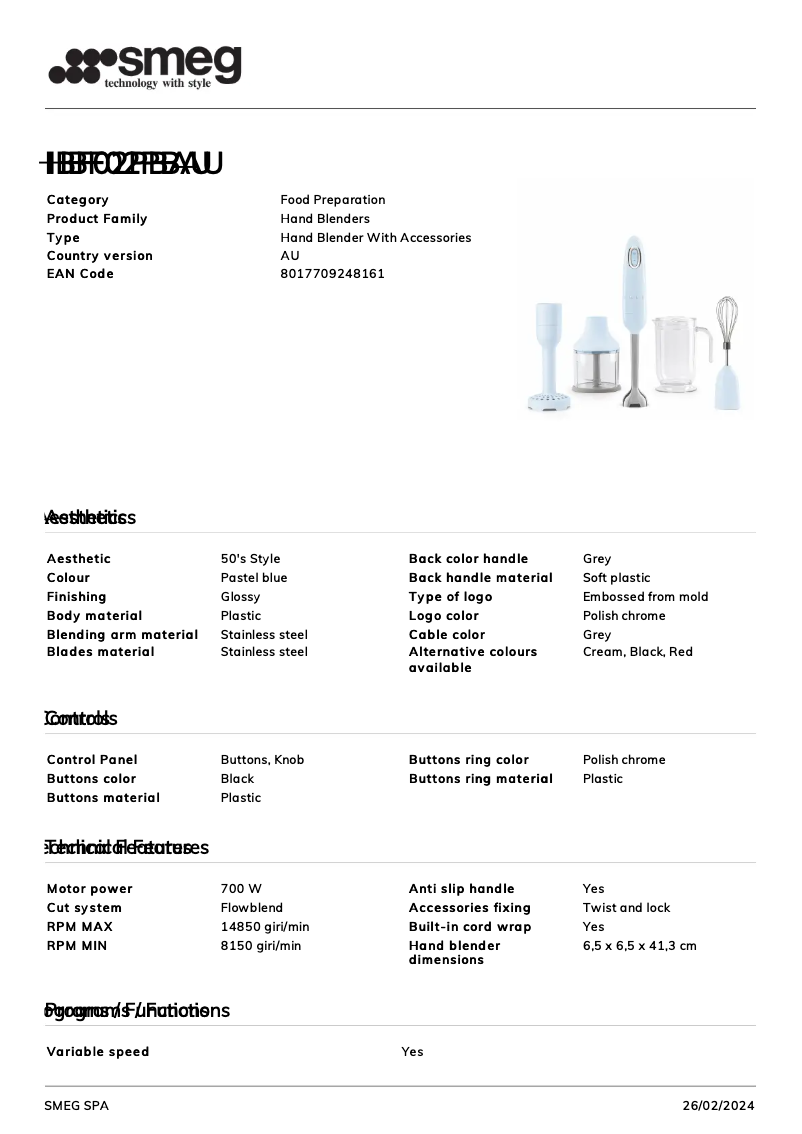 Page 1 de la notice Fiche technique Smeg HBF02