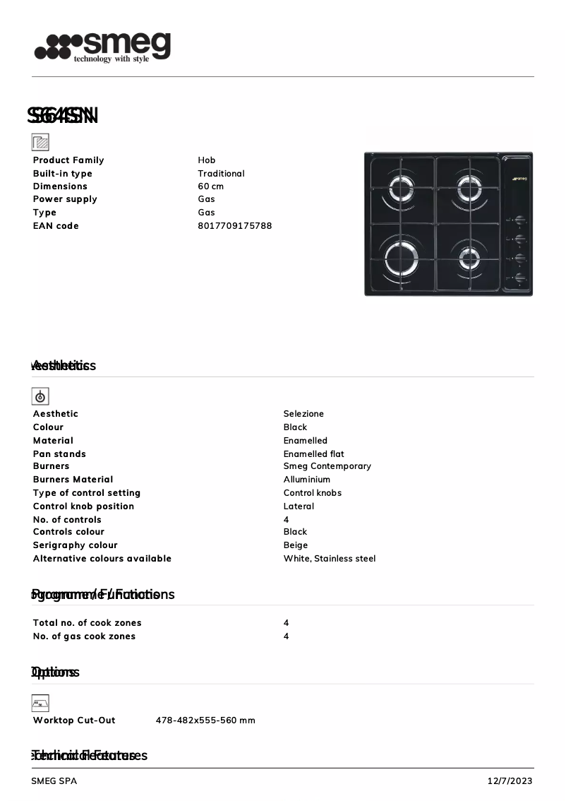 Page 1 de la notice Fiche technique Smeg S64SN