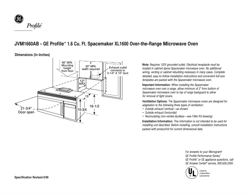 Página 1 del manual Ficha técnica GE Profile JVM1660AB