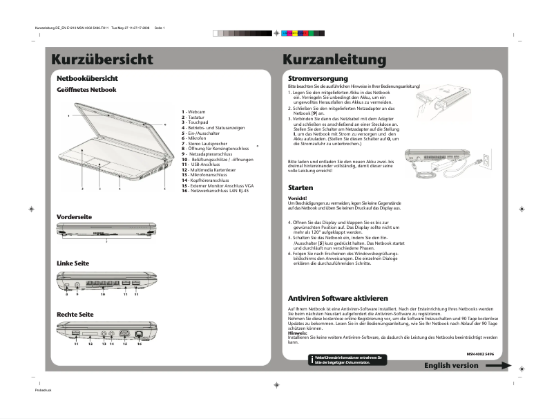 Page 1 de la notice Guide de démarrage rapide Medion AKOYA S1211 (MD 97006)