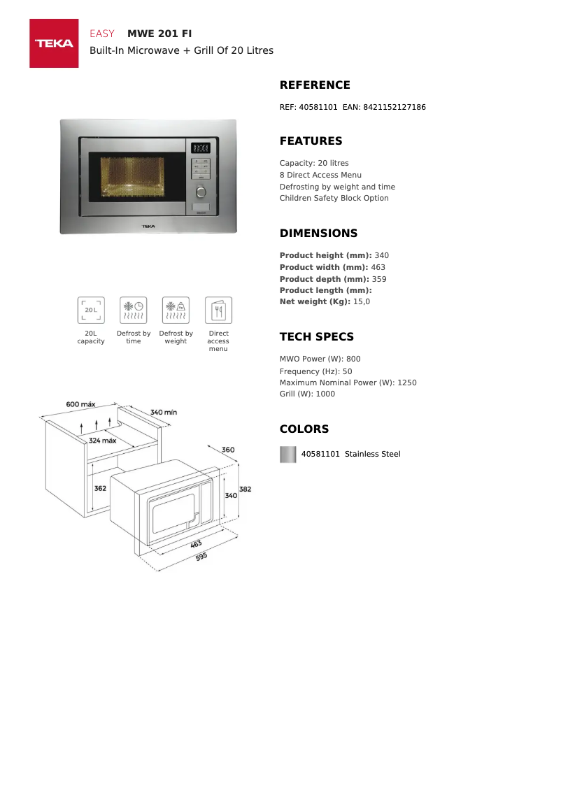 Page 1 de la notice Fiche technique Teka MWE 201 FI