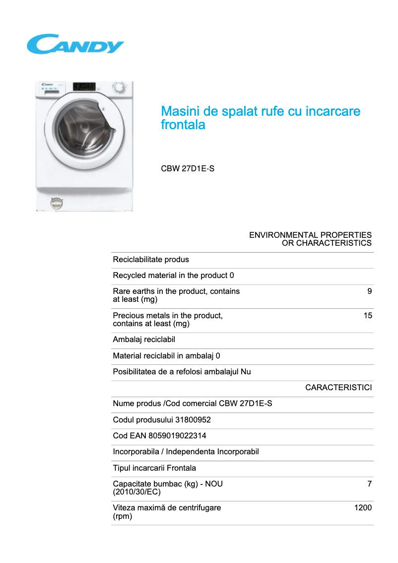 Page 1 de la notice Fiche technique Candy CBW 27D1E-S