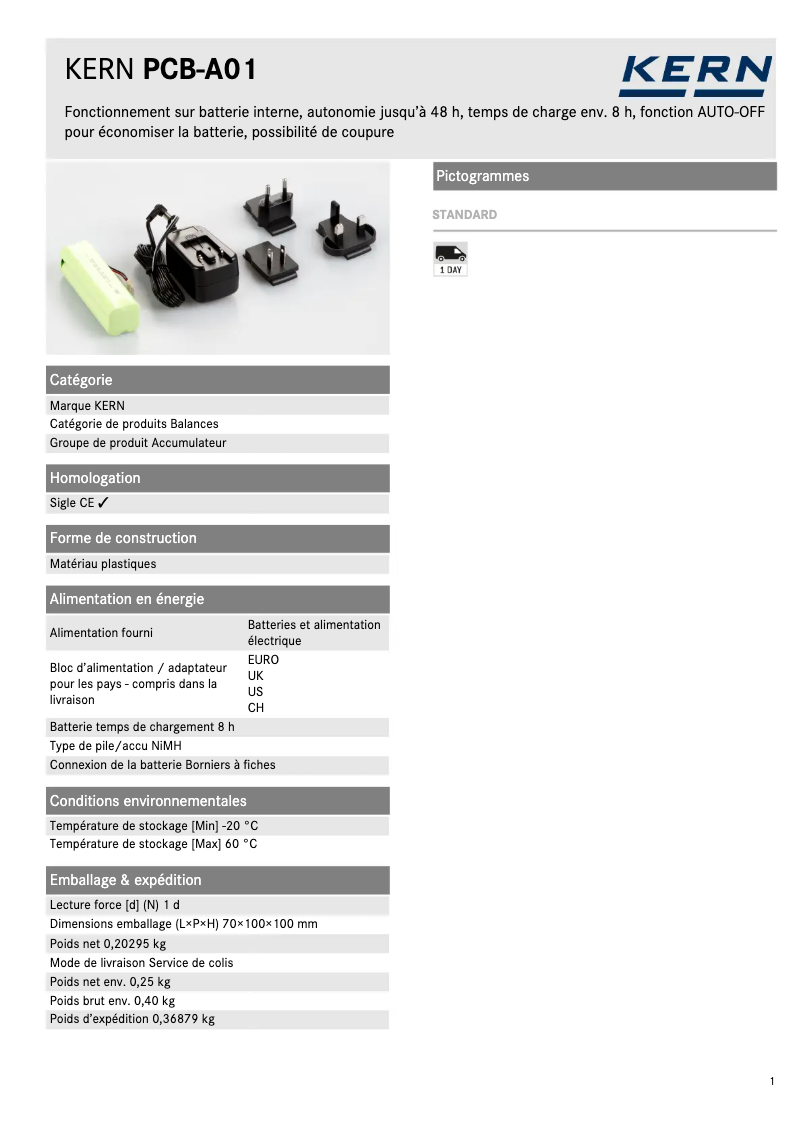 Page 1 de la notice Fiche technique Kern PCB-A01