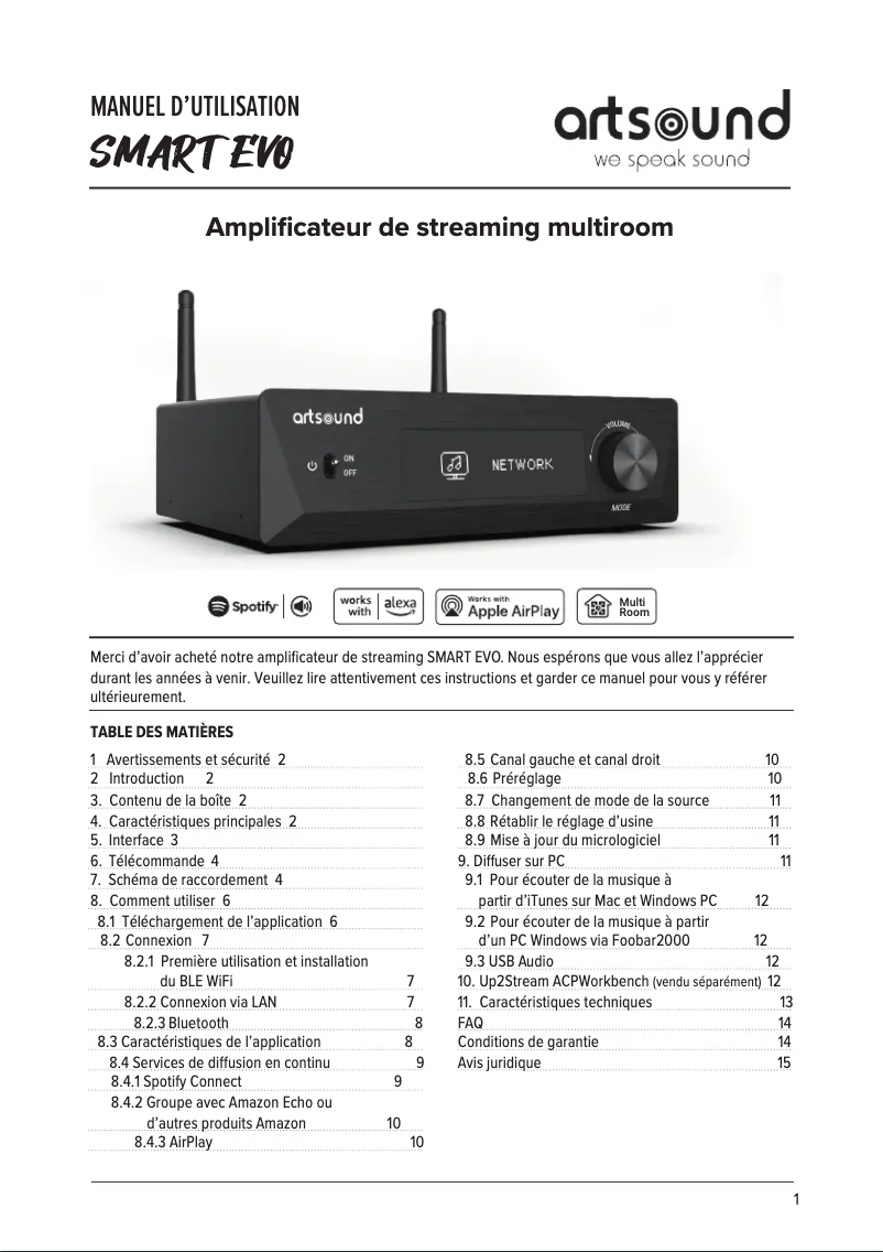 Page 1 de la notice Manuel utilisateur Artsound Smart Evo