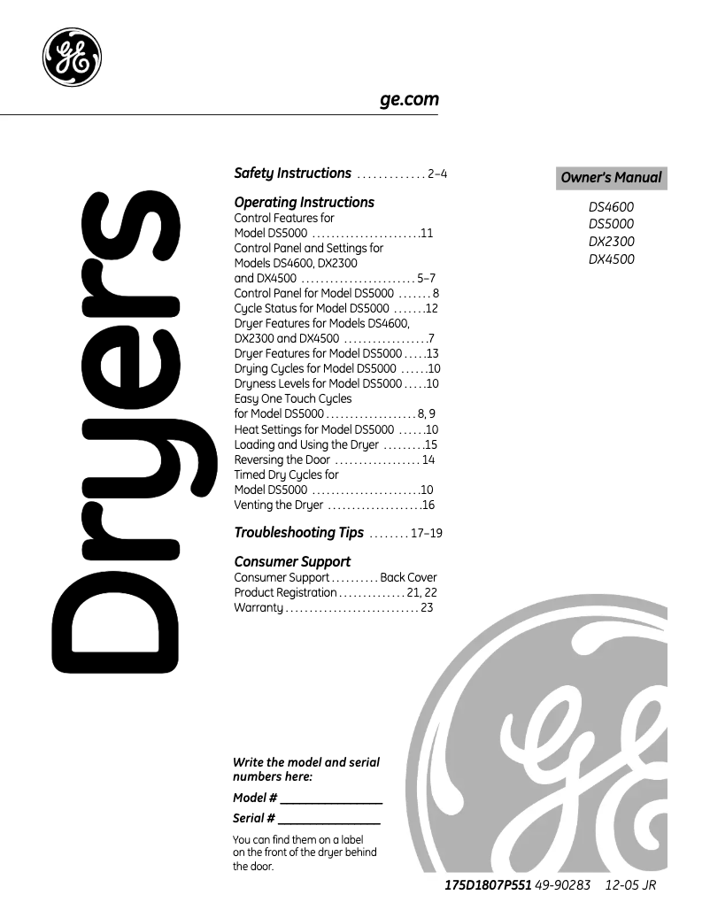 Page 1 de la notice Manuel d'utilisation et d'entretien GE DS5000EEWW