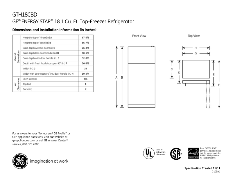 Página 1 del manual Ficha técnica GE GTH18CBDLWW