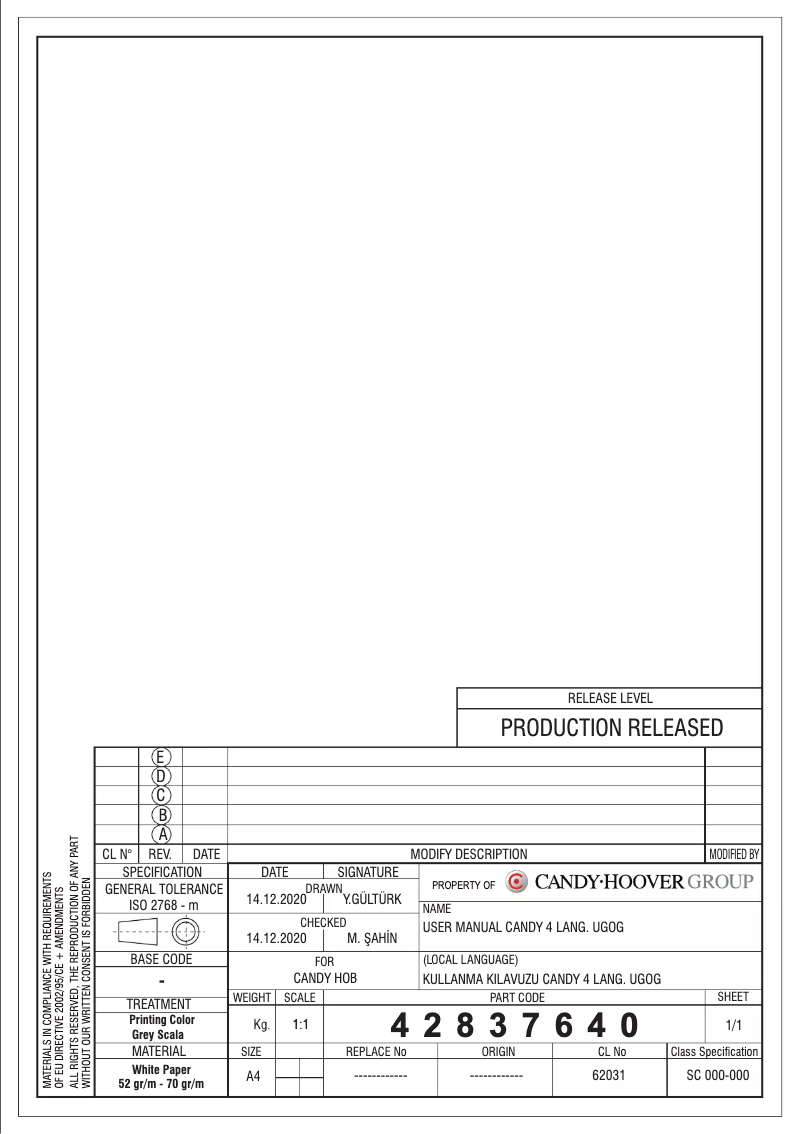 Page 1 de la notice Manuel utilisateur Candy CSG6DPB