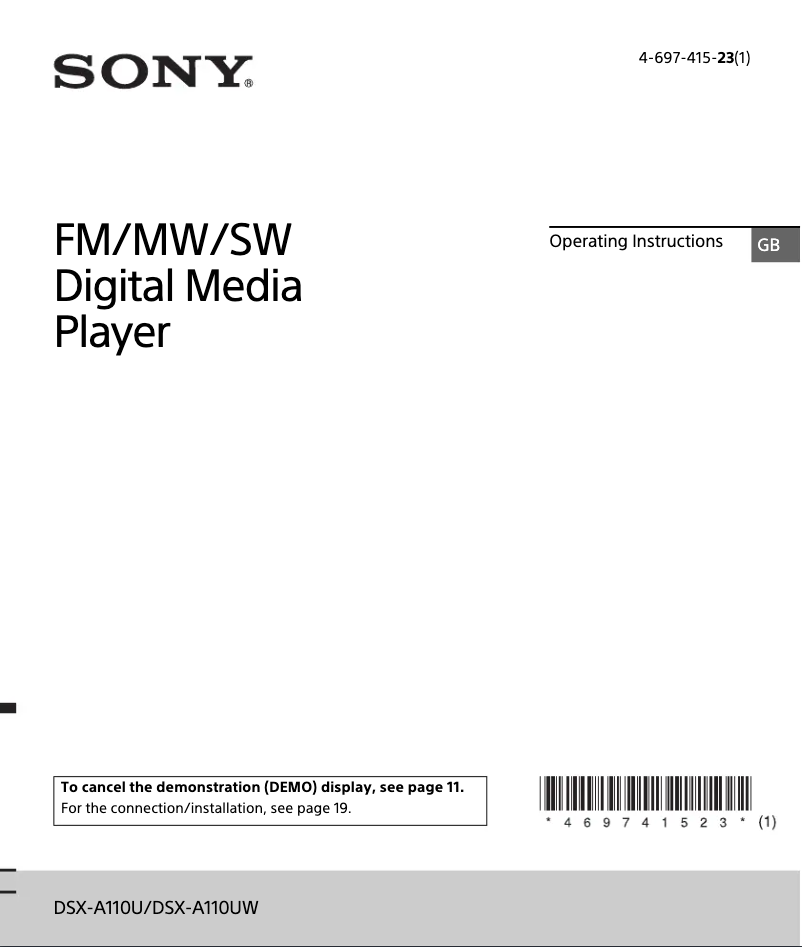 Page 1 de la notice Manuel utilisateur Sony DSX-A110UW