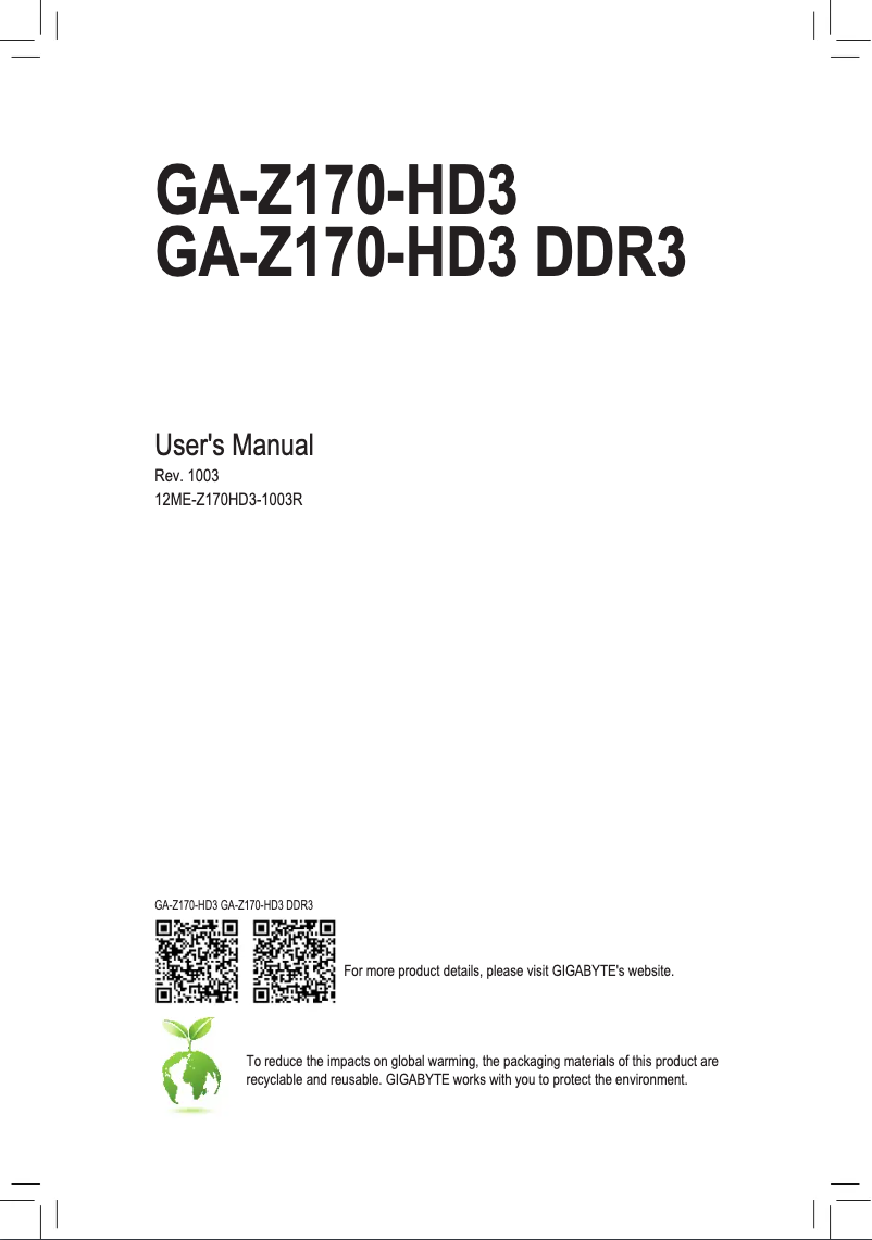 Page 1 de la notice Manuel utilisateur Gigabyte GA-Z170-HD3 DDR3