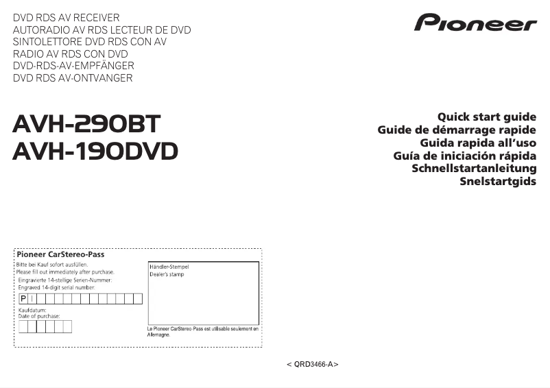 Page 1 of the manual Quick Start Guide Pioneer AVH-290BT