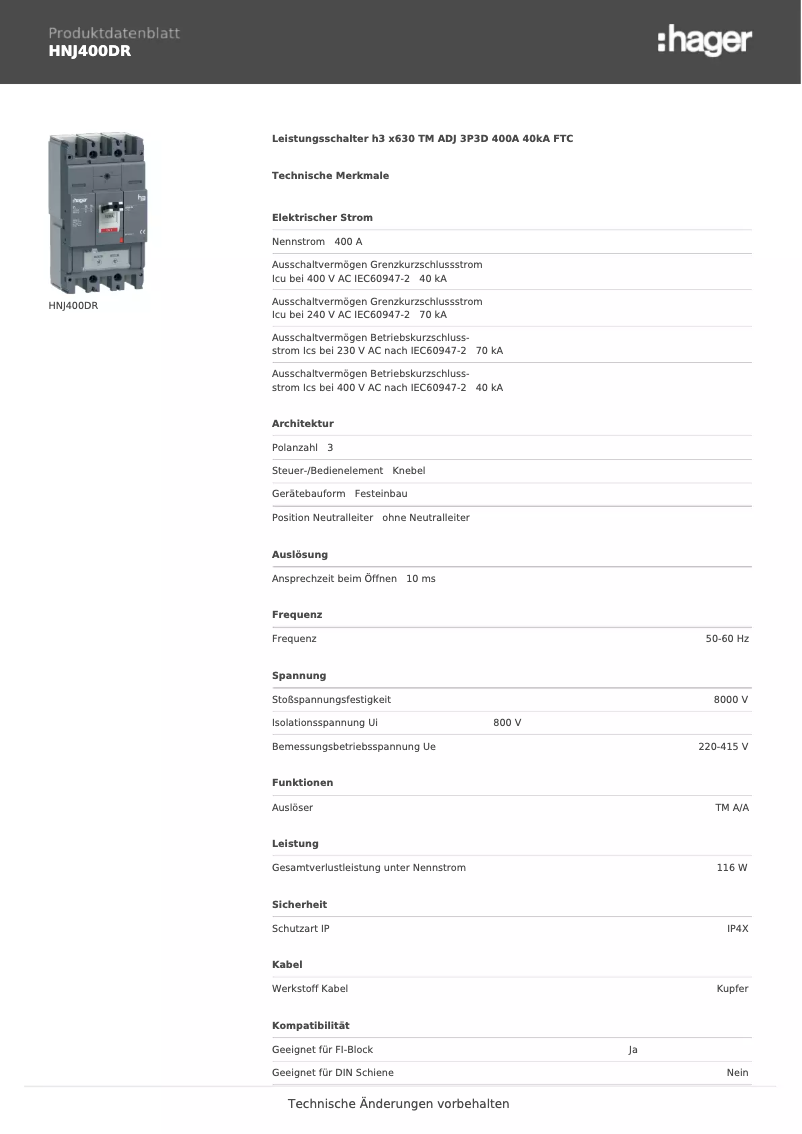 Page n°1 - Fiche technique Hager HNJ400DR