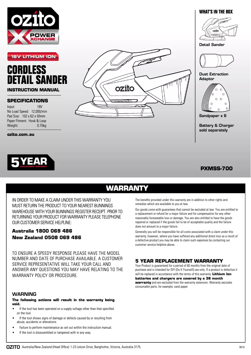 Page 1 de la notice Manuel utilisateur Ozito PXC Detail PXMSS-700