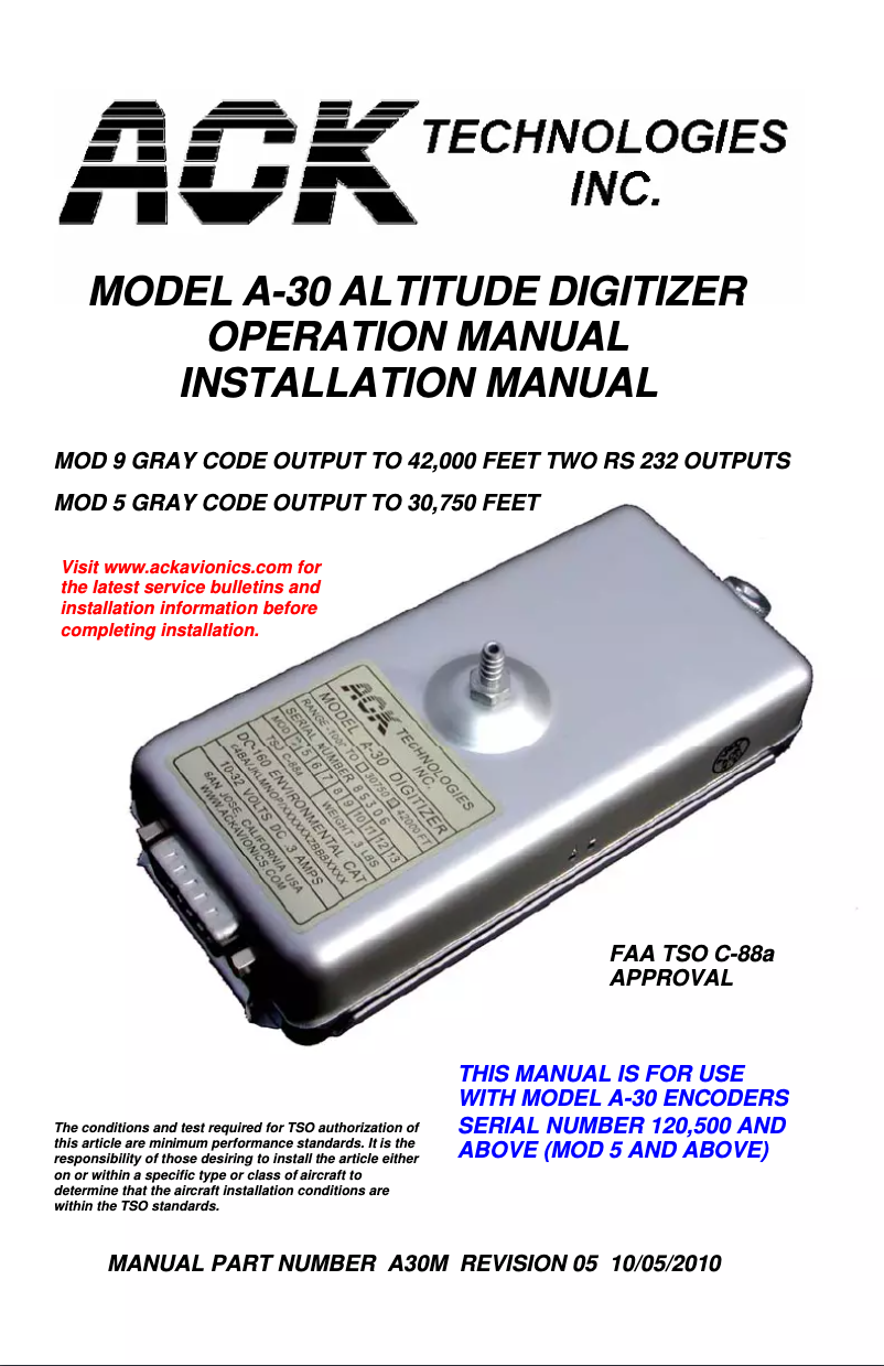Page 1 de la notice Manuel utilisateur ACK Technologies A-30.5