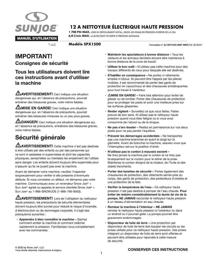 Page n°1 - Manuel utilisateur Sun Joe SPX1500