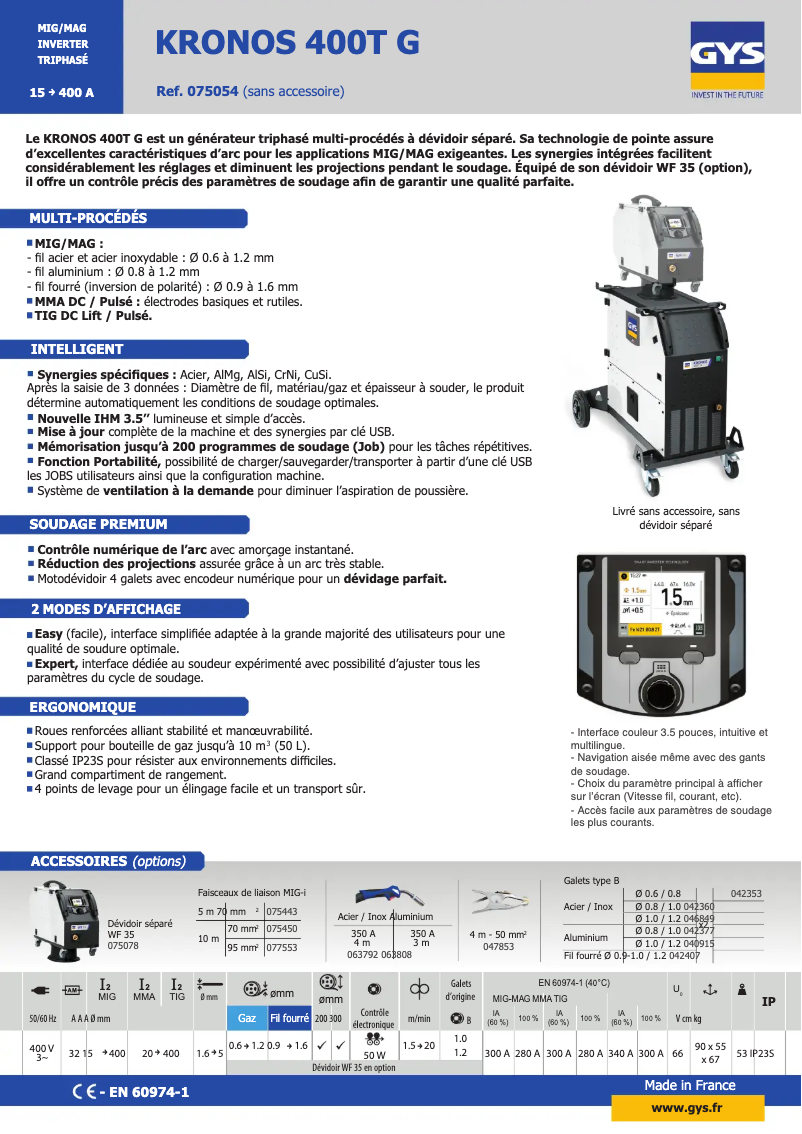 Page 1 de la notice Fiche technique GYS Kronos 400T G
