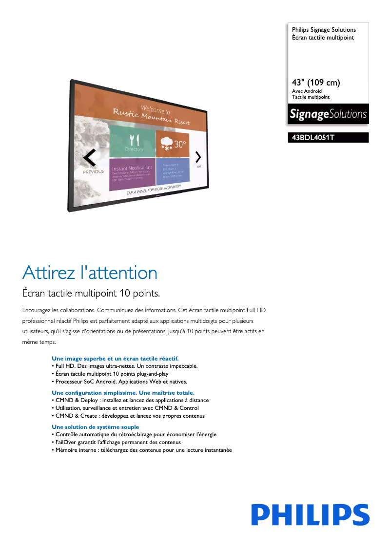 Page 1 de la notice Fiche technique Philips 43BDL4051T