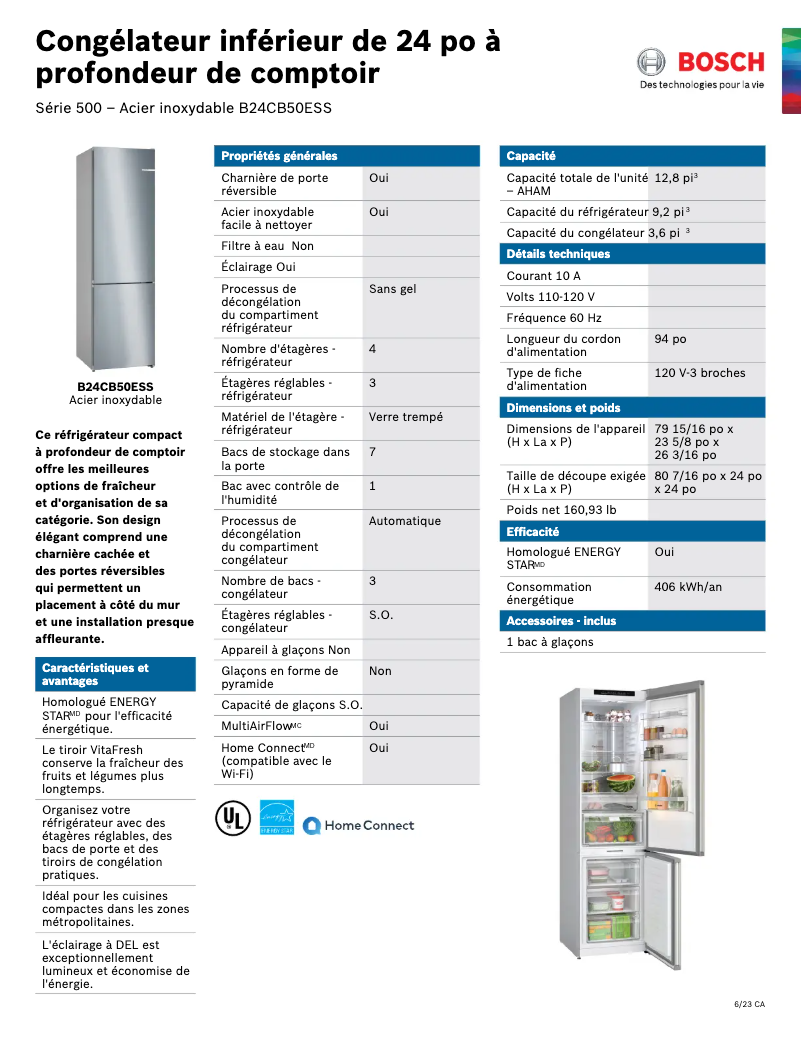 Page 1 de la notice Fiche technique Bosch B24CB50ESS