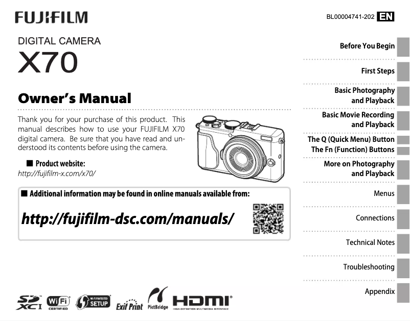 Page 1 de la notice Manuel utilisateur Fujifilm X70
