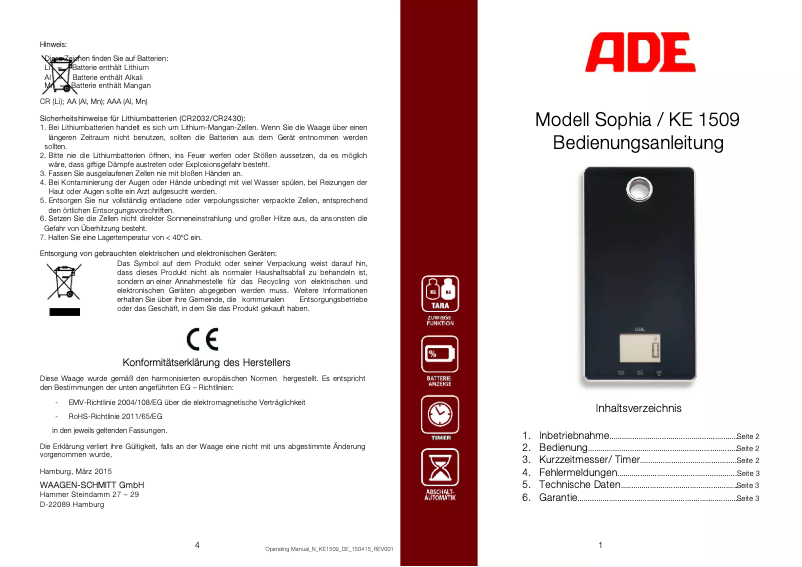 Image de la première page du manuel de l'appareil Sophia KE 1509